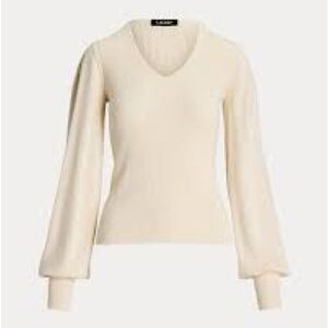 NWT Lauren Ralph Lauren V-Neck Balloon Sleeve Ribbed Sweater Cream XL